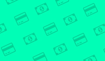 Turquoise currency themed background with money and credit card icons