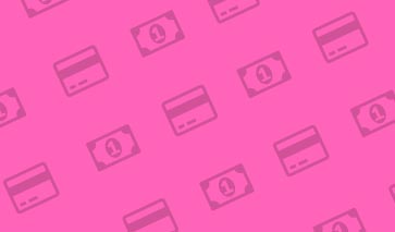 Pink currency themed background with money and credit card icons