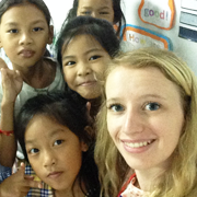 Cambodia TEFL intern Alli Parry with her English students in Phnom Penh, Cambodia