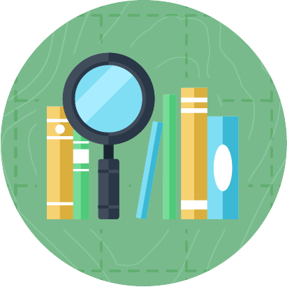 Books and looking glass showing experience and knowledge