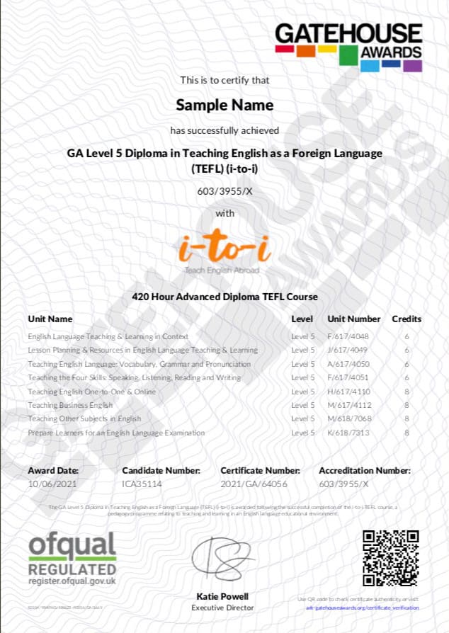 Sample TEFL Certificate