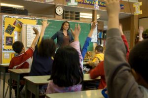 students with their hands up