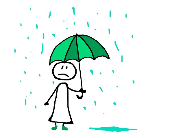 Cartoon drawing of a man in the rain with an umbrella