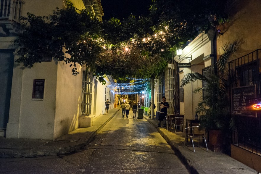 Cobbled street in Cartagena, Colombia at night