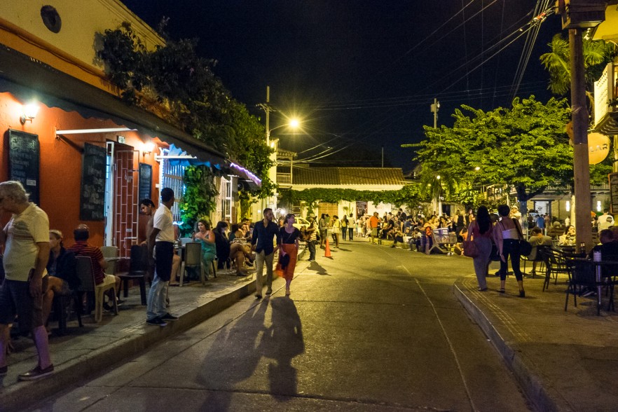 Busy street with restaurants in Colombia 