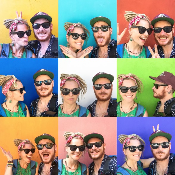 Kristy and Jarryd Selfie Montage in Colombia using colourful walls as background