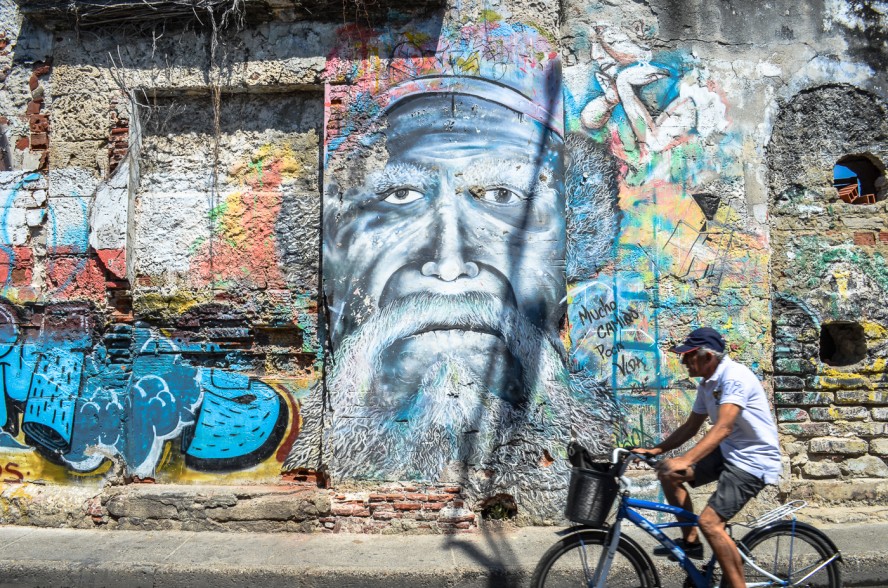 Street art of an old man with a beard in Cartagena, Colombia 