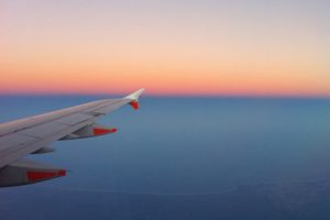 View out of airplace window of the sky