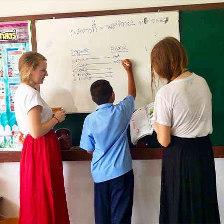 TEFL teachers at the front of classroom with student