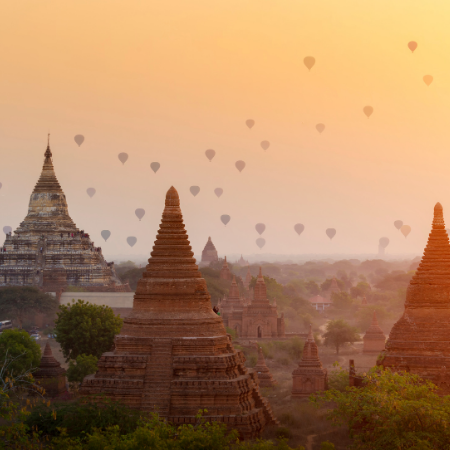 Hot air balloons over the temples