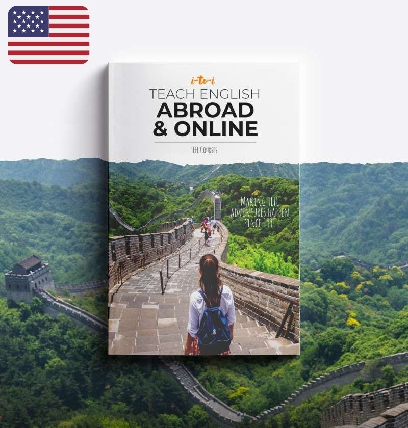 teach english abroad and online brochure with USA flag